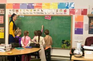 Students learn Russian inside an elementary school classroom at Kachemak Selo School Nov. 12, 2019, in Kachemak Selo, Alaska. (Photo by Victoria Petersen/Peninsula Clarion)