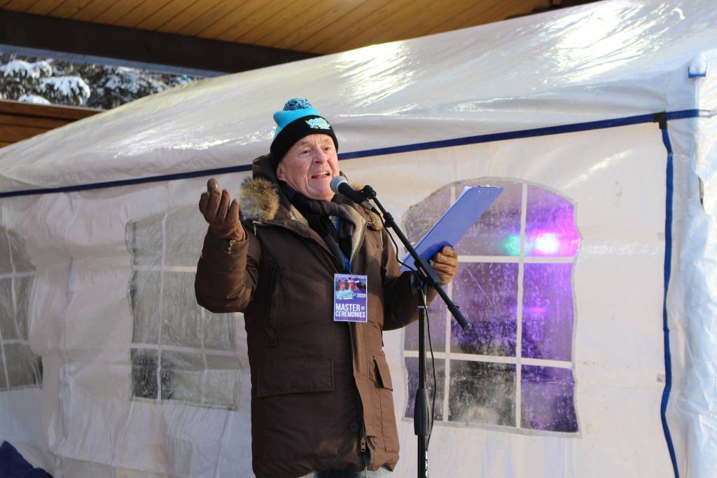 Merril Sikorski emcees the 2020 Frozen RiverFest at Soldotna Creek Park in Soldotna, Alaska on Feb. 15, 2020. (Photo by Brian Mazurek/Peninsula Clarion)