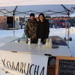 Brian and Devon Gonzalez, owners of Kenai Kombucha, smile for the camera during the 2020 Frozen RiverFest at Soldotna Creek Park in Soldotna, Alaska, on Feb. 15, 2020. (Photo by Brian Mazurek/Peninsula Clarion)                                Brian and Devon Gonzalez, owners of Kenai Kombucha, smile for the camera during the 2020 Frozen RiverFest at Soldotna Creek Park in Soldotna, Alaska on Feb. 15, 2020. (Photo by Brian Mazurek/Peninsula Clarion)