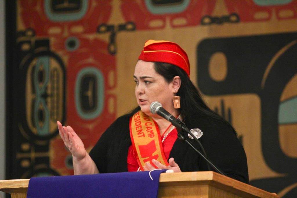 Alaska Native Brotherhood Grand Camp President Heather Gurko addresses the crowd during the Elizabeth Peratrovich Day celebration at the Tlingit and Haida Community Council on Sunday. (Michael S. Lockett | Juneau Empire)