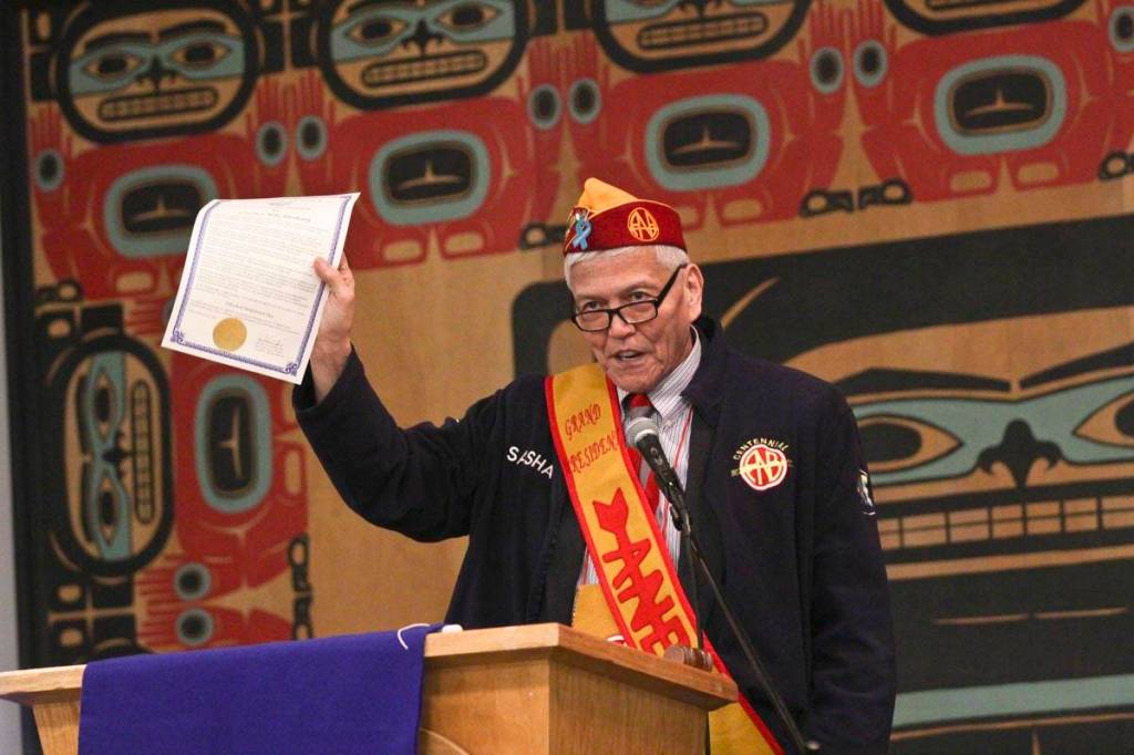 Alaska Native Brotherhood executive committee member Sasha Soboleff addresses the crowd during the Elizabeth Peratrovich Day celebration at the Tlingit and Haida Community Council on Sunday. (Michael S. Lockett | Juneau Empire)