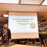 Kenai Peninsula Borough School District Finance Director Elizabeth Hayes gives a community budget presentation to a group of community members at Soldotna High School on Feb. 20, 2020, in Soldotna, Alaska. (Photo by Victoria Petersen/Peninsula Clarion)