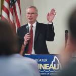 Dr. Jim Johnsen, president of the University of Alaska, speaks to the Juneau Chamber of Commerce at the Moose Lodge on Thursday, Nov. 21, 2019. (Michael Penn | Juneau Empire)