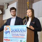 Brian Mazurek / Peninsula Clarion                                Riley Little and Jessica Hyatt give a presentation on Guardian Flight Alaska to the Soldotna Chamber of Commerce at the Soldotna Sports Complex in Soldotna on Wednesday. Little is the membership sales manager and Hyatt is the business development specialist for Guardian Flight Alaska.