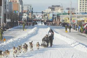 Michael Dinneen / Associated Press                                2018 champion Joar Lefseth Ulsom runs his team down Fourth Ave during the ceremonial start of the Iditarod Trail Sled Dog Race in Anchorage on March 2, 2019. Alaska Airlines announced Monday that it will drop its sponsorship of the event.