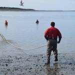 John Hakla from Eagle River heads back into the water while dip netting on the North Kenai Beach on July 17, 2019. (Photo by Brian Mazurek/Peninsula Clarion)