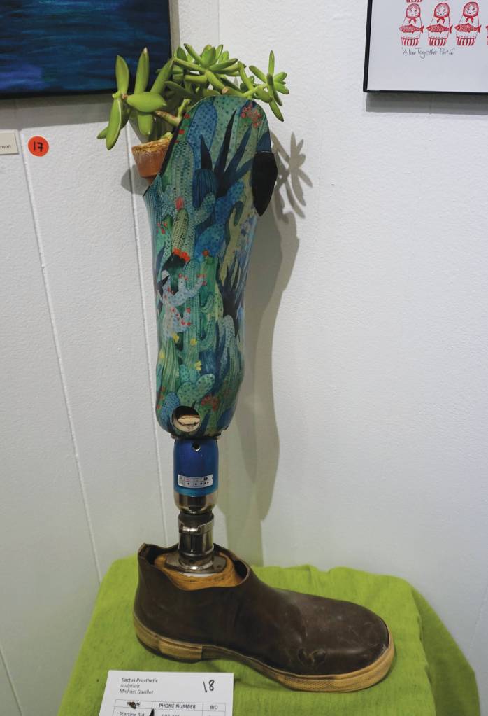 Michael Gavillots decorated prosthetic leg, as seen at First Friday on March 6, 2020, at the Disability Art Show at the Homer Council on the Arts in Homer, Alaska. (Photo by Michael Armstrong/Homer News)