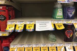 Hand sanitizer was out of stock at Kenai Safeway and at other local stores on the Kenai Peninsula on Friday, March 13, 2020, in Kenai, Alaska. (Photo by Victoria Petersen/Peninsula Clarion)