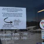 A sign detailing the modified services offered by Everything Bagels can be seen here in Soldotna, Alaska, on March 18, 2020. (Photo by Brian Mazurek/Peninsula Clarion)