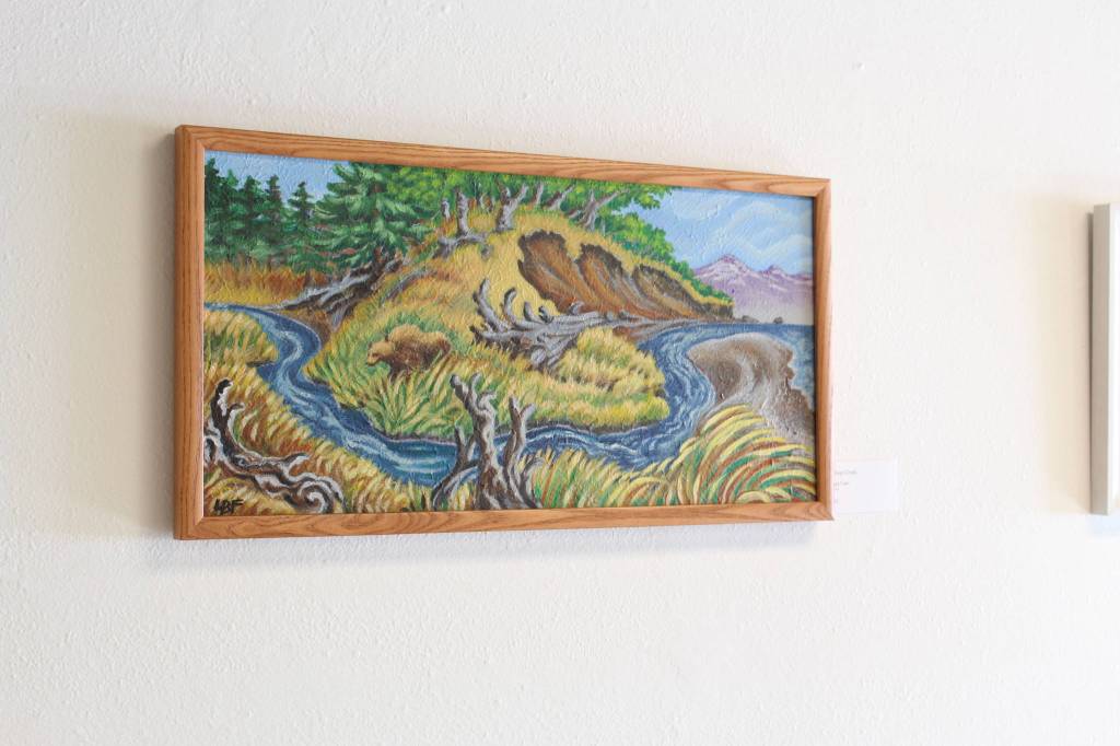 Bishop Creek, an acrylic painting by local artist Laura Faeo, is seen here on display at the Kenai Fine Art Center in Kenai, Alaska on March 18, 2020. (Photo by Brian Mazurek/Peninsula Clarion)