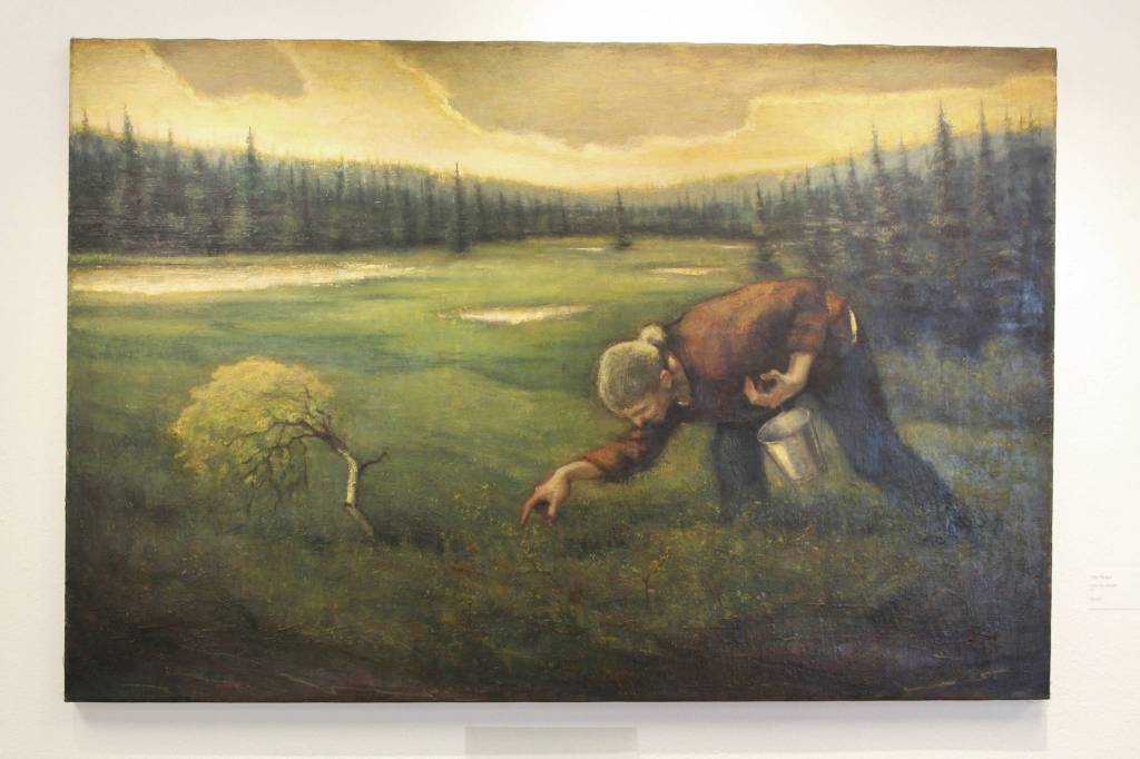 The Picker, an oil painting by local artist Alex Rydinski, is seen here on display at the Kenai Fine Art Center in Kenai, Alaska on March 18, 2020. Rydinskis painting was selected as the Jurors Choice for the Fine Art Centers Biannual Juried Show. (Photo by Brian Mazurek/Peninsula Clarion)