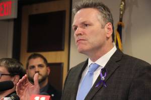 Gov. Mike Dunleavy holds a press conference at the Capitol on Tuesday, April 9, 2019. (Juneau Empire file photo)