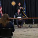 From left: DHSS Commissioner Adam Crum, Gov. Mike Dunleavy, Chief Medical Officer Dr. Anne Zink participate in a press conference on the COVID-19 pandemic on Wednesday, March 25, 2020. (Photo courtesy Office of Gov. Mike Dunleavy)