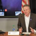 Gov. Mike Dunleavy speaks during a Friday, March 27, 2020 press conference in the Atwood Building in Anchorage, Alaska. (Photo courtesy Office of the Governor)