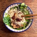 Salmon, greens and an assortment of spices are combined with noodles to make a creative pasta bowl. (Photo by Victoria Petersen/Peninsula Clarion)
