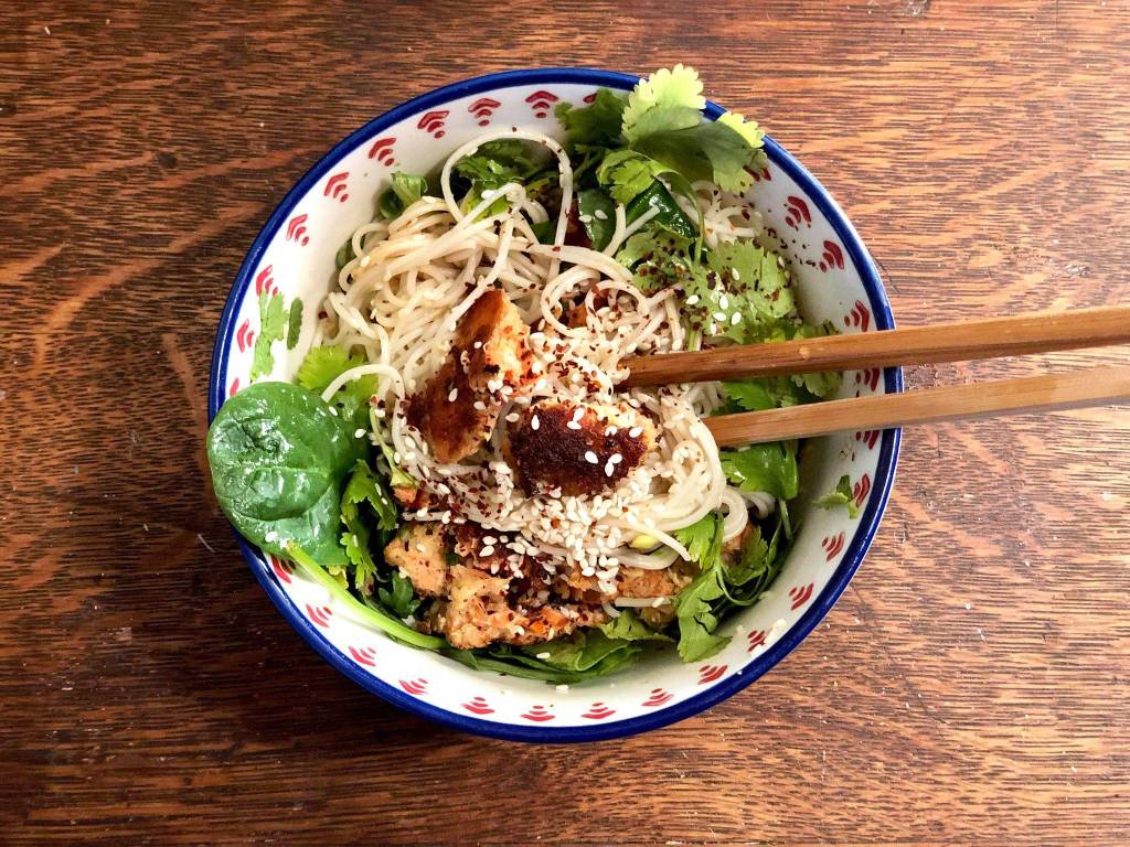 Salmon, greens and an assortment of spices are combined with noodles to make a creative pasta bowl. (Photo by Victoria Petersen/Peninsula Clarion)