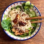 Salmon, greens and an assortment of spices are combined with noodles to make a creative pasta bowl. (Photo by Victoria Petersen/Peninsula Clarion)