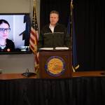 Gov. Mike Dunleavy presents with Chief Medical Officer Dr. Anne Zink via teleconference in Anchorage during March 31, 2020 coronavirus press update. (Courtesy photo)