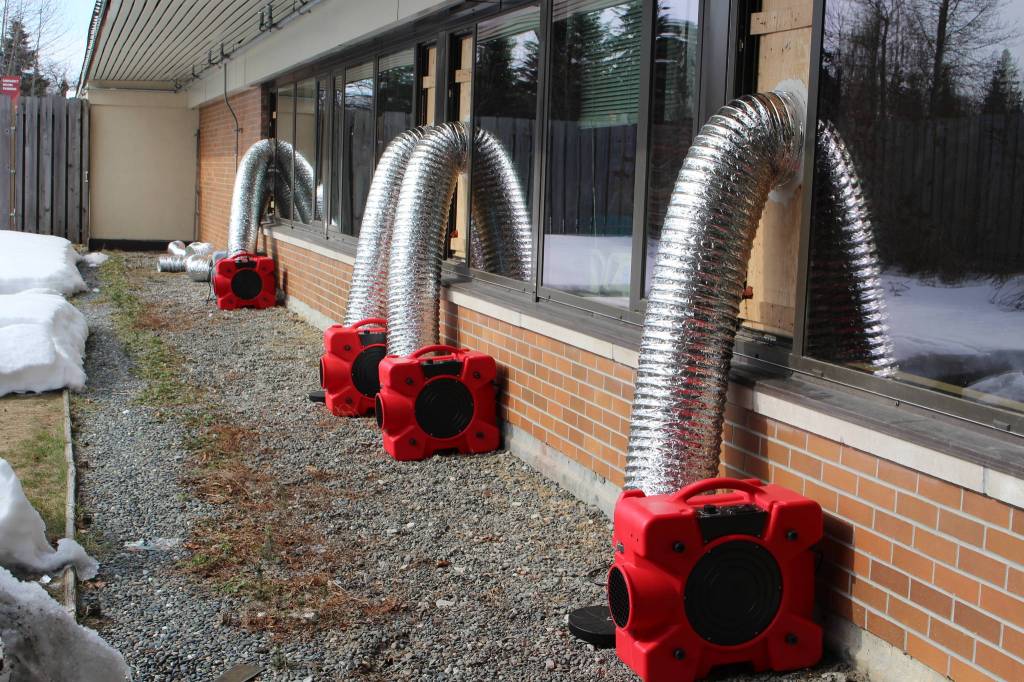Some patient rooms at Central Peninsula Hospital have been retrofitted to become negative pressure rooms, which are used to treat patients suspected of or confirmed to have COVID-19, using HEPA filters placed outside the rooms, as seen here in Soldotna, Alaska on April 7, 2020. (Photo by Brian Mazurek/Peninsula Clarion)