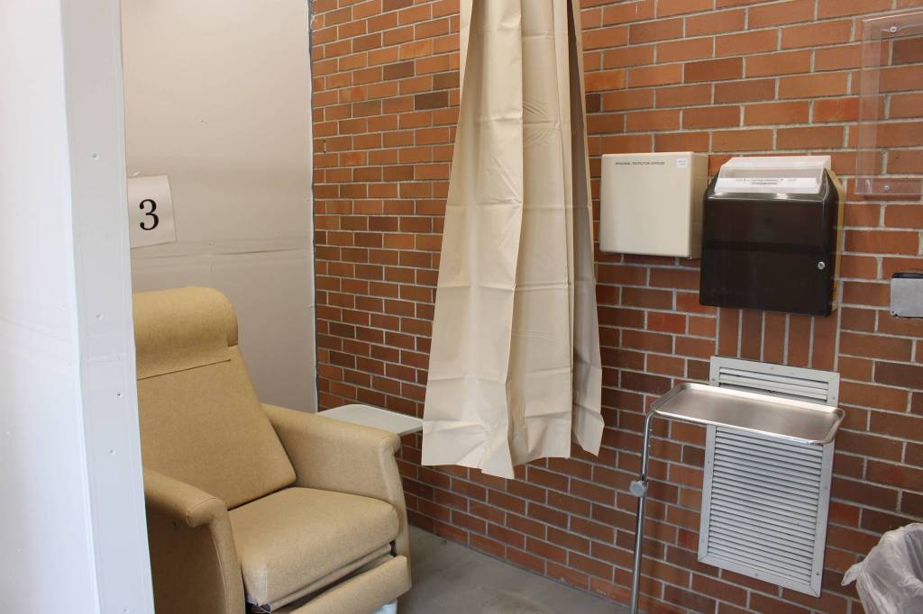 One of the newly-built negative pressure rooms inside of the ambulance bay at Central Peninsula Hospital is seen here in Soldotna, Alaska on April 7, 2020. (Photo by Brian Mazurek/Peninsula Clarion)
