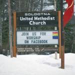 Soldotna United Methodist Church in Soldotna, Alaska, invites worshippers online with a sign seen Tuesday, April 7, 2020. (Photo by Jeff Helminiak/Peninsula Clarion)