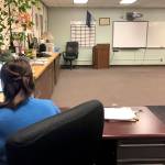 Soldotna High School English teacher Nicole Hewitt teaches her students remotely from her empty classroom at Soldotna High School on Monday, April 6, 2020 in Soldotna, Alaska. (Photo by Victoria Petersen/Peninsula Clarion)