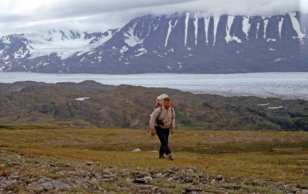 Laden with a game bag full of black bear meat, Dan France heads for camp near the Tustumena Glacier, 1963. Zebra Mountain and the glacier can be seen in the background. (Photo courtesy Fair Family Photo Collection)