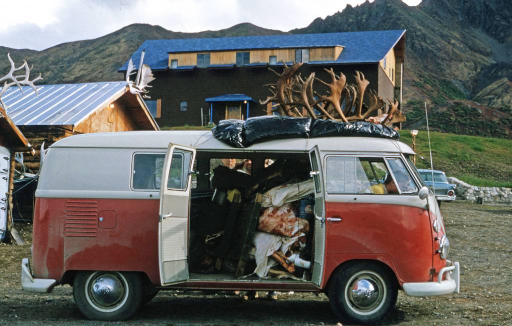 The Fair family van stands open with its load of caribou and sheep meat, north of Palmer, 1963. A lightly bearded Dan France can be seen through the central side window. (Photo courtesy Fair Family Photo Collection)