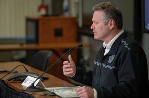 Gov. Mike Dunleavy speaks at a press conference in Anchorage on Thursday, March 26, 2020. (Courtesy photo | Office of Gov. Mike Dunleavy)
