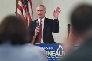 Jim Johnsen, president of the University of Alaska, speaks to the Juneau Chamber of Commerce at the Moose Lodge on Thursday, Nov. 21, 2019. (Michael Penn | Juneau Empire)