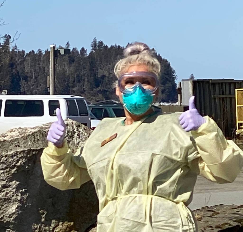 Anna Gordeev, Medical Assistant at the Seldovia Village Tribe Health and Wellness Center, poses for the camera during free COVID-19 testing in Seldovia, Alaska on April 29, 2020. (Photo courtesy Laurel Hilts/Seldovia Village Tribe)