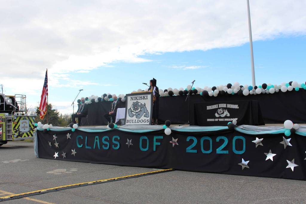 Class salutatorian Tika-Marie Zimmerman gives a speech during the 2020 Nikiski High School Graduation Commencement Ceremony in Nikiski, Alaska on May 19, 2020. (Photo by Brian Mazurek/Peninsula Clarion)