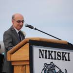 Retiring teacher Joe Rizzo gives the commencement speech during the 2020 Nikiski High School Graduation Commencement Ceremony in Nikiski, Alaska on May 19, 2020. (Photo by Brian Mazurek/Peninsula Clarion)