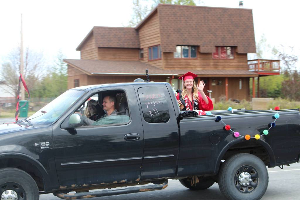 Seniors from the class of 2020 participate in the Kenai Central High Schools Class of 2020 Graduation Parade in Kenai, Alaska, on May 20, 2020. (Photo by Brian Mazurek/Peninsula Clarion)