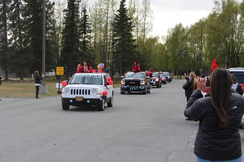 Seniors from the class of 2020 participates in Kenai Central High Schools Class of 2020 Graduation Parade in Kenai, Alaska, on May 20, 2020. (Photo by Brian Mazurek/Peninsula Clarion)