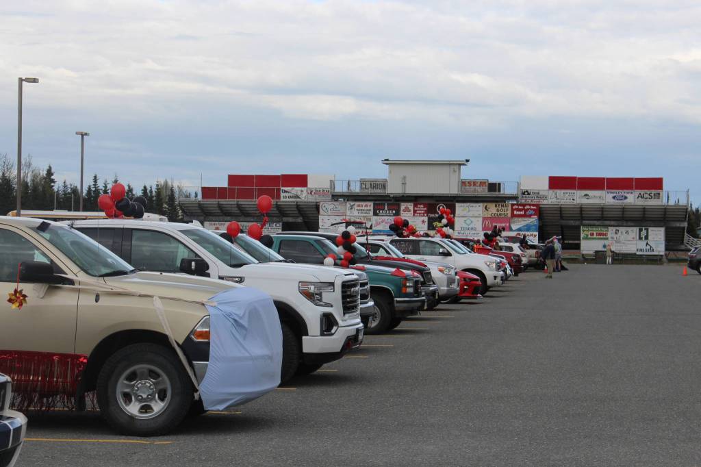 The cars of the 2020 graduates are seen here lined up during the Kenai Central High Schools Class of 2020 Graduation Parade in Kenai, Alaska, on May 20, 2020. (Photo by Brian Mazurek/Peninsula Clarion)