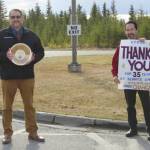 Photo courtesy of Karl Kircher                                Mountain View Elementary teacher David Daniel is congratulated on his retirement by John OBrien, Kenai Peninsula Borough School District superintendent, Tuesday, May 19, at Mountain View in Kenai. Daniel taught in the district for 34 years.