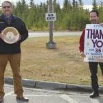 Mountain View Elementary teacher David Daniel is congratulated on his retirement by John OBrien, Kenai Peninsula Borough School District superintendent, Tuesday, May 19, 2020, at Mountain View in Kenai. Daniel taught in the district for 34 years. (Photo courtesy of Karl Kircher)