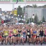 The womens field takes to the course Tuesday, July 4, 2017, at the Mount Marathon Race in Seward, Alaska. Eventual winner Allie Ostrander is to the right of Christy Marvin (1). (Photo by Jeff Helminiak/Peninsula Clarion)