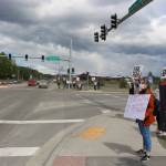 Participants in a Black Lives Matter protest stand at the Y intersection of the Kenai Spur and Sterling Highways in Soldotna, Alaska, on June 3, 2020. (Photo by Brian Mazurek/Peninsula Clarion)