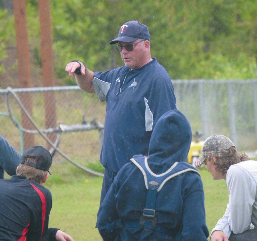 Alaska 20 head coach Robb Quelland addresses the team during practice Monday, June 9, 2020, at the Soldotna baseball fields in Soldotna, Alaska. (Photo by Jeff Helminiak/Peninsula Clarion)