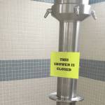 The Nikiski Pool in Nikiski, Alaska, shown here June 12, 2020, closed off some showers as part of a plan for reopening during the time of the new coronovirus. (Photo by Jeff Helminiak/Peninsula Clarion)