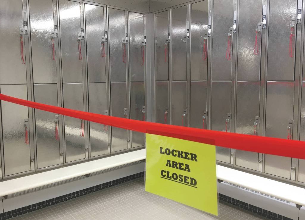 Photo by Jeff Helminiak/Peninsula Clarion                                The Nikiski Pool, seen here June 12, closed off locker areas as part of its reopening plan during the new coronavirus pandemic.