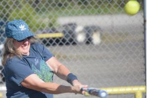 Judy Wroe of Soldotna bats during senior softball at the Steve Shearer Memorial Ball Park in Kenai, Alaska, on Tuesday, June 16, 2020. (Photo by Jeff Helminiak/Peninsula Clarion)