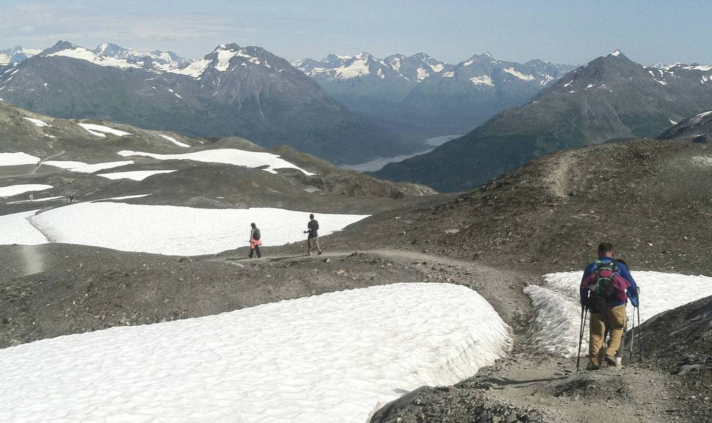 Hikers negotiate the Harding Icefield Trail in August 2015 in Kenai Fjords National Park just outside of Seward, Alaska. (Photo by Jeff Helminiak/Peninsula Clarion)