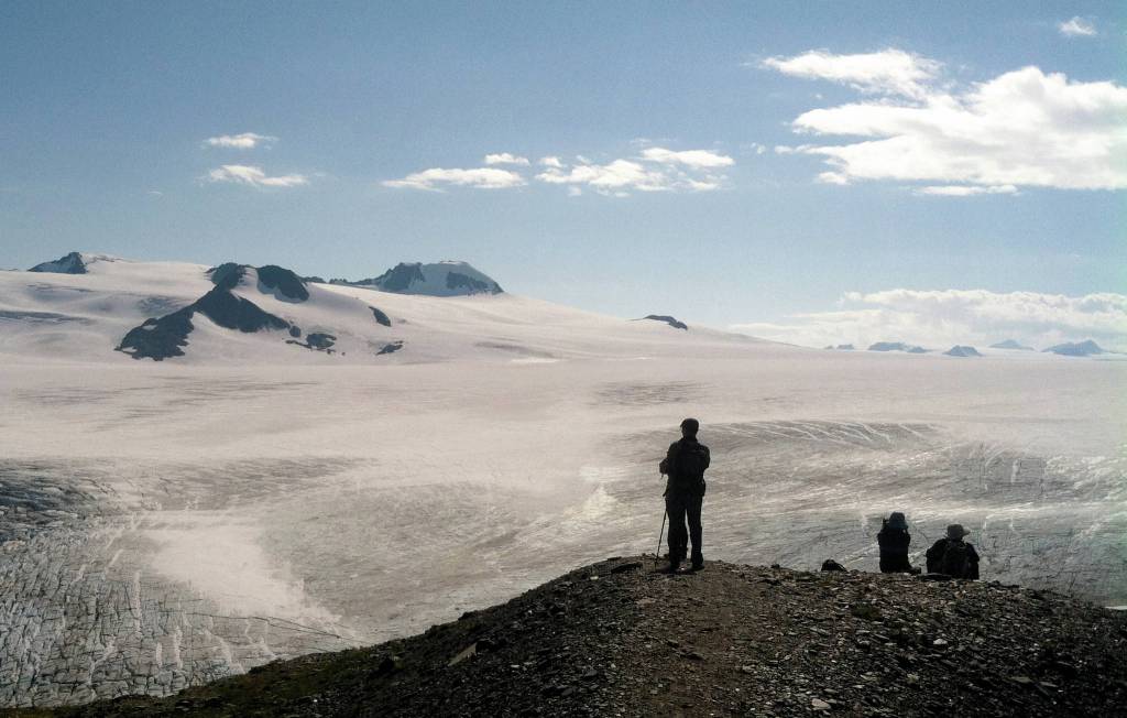 Jeff Helminiak / Peninsula Clarion                                Hikers look at the Harding Icefield in August 2015 in Kenai Fjords National Park, just outside of Seward.