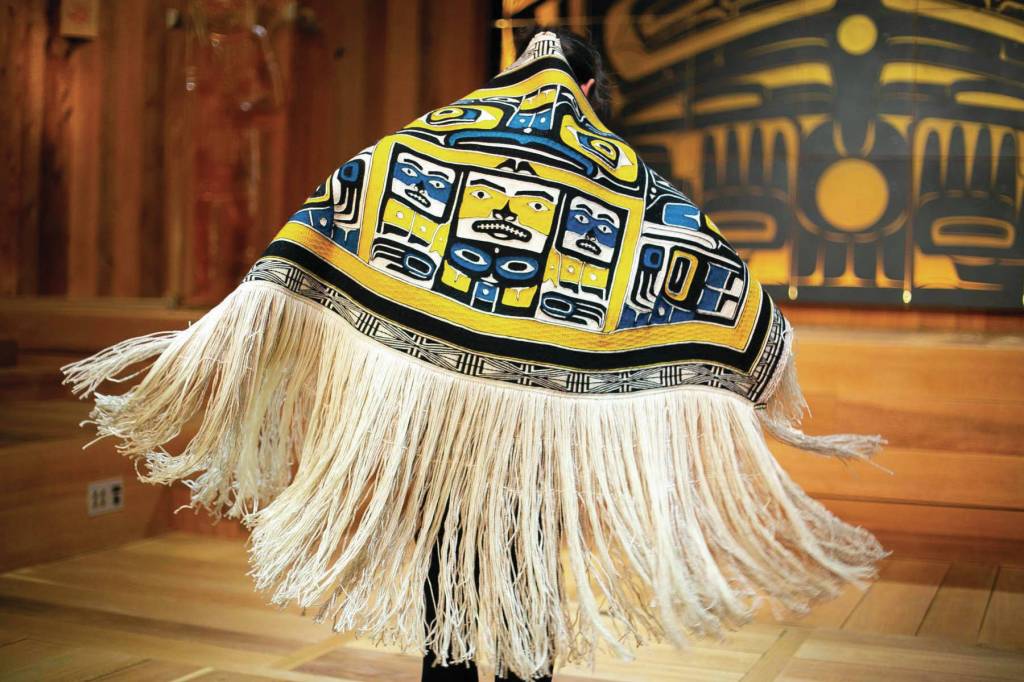 Irene Lampe dances a robe for its First Dance ceremony at the Sealaska Heritage Institute on Monday, June 22, 2020. (Courtesy photo | Annie Bartholomew)