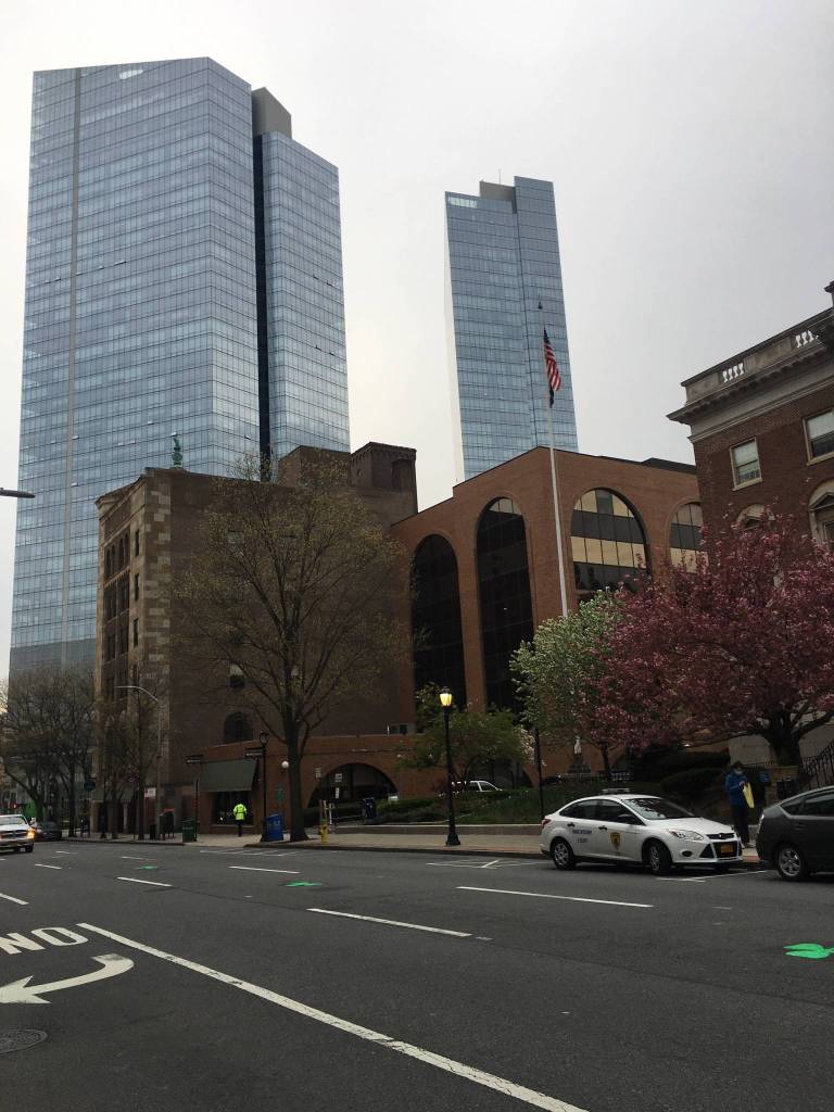 Empty streets outside White Plains Hospital are seen here in White Plains, New York on April 22, 2020. (Photo courtesy Robin Richardson)