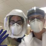 Robin Richardson, right, and her coworker Ellen Paffie from Georgia get ready for the night shift at White Plains Hospital in White Plains, New York on May 7, 2020. (Photo courtesy Robin Richardson)