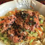 Roasted salmon with miso rice and ginger-scallion vinaigrette is seen here on Wednesday, June 24, 2020, in Teri Robls Homer, Alaska kitchen. (Photo by Teri Robl)